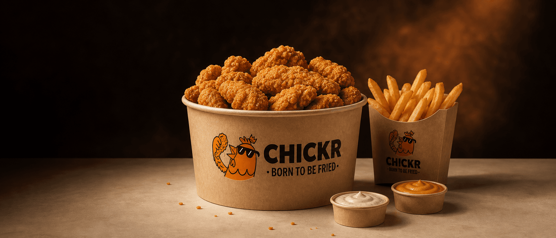 CHICKR bucket filled with crispy chicken, fries and signature sauces
